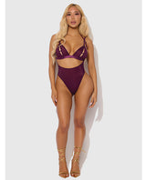 Yasmine Shimmer Mesh Slit Cup, Backless Teddy & Bralette Set - Burgundy XL by House of Desire