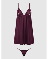 Yasmine Shimmer Mesh O-Ring Slit Cup Babydoll & G-String Set - Burgundy 3X/4X by House of Desire