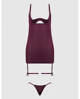 Yasmine Shimmer Mesh O-Ring Thigh Garter Chemise & G-String Set - Burgundy 1X/2X by House of Desire