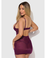 Yasmine Shimmer Mesh O-Ring Thigh Garter Chemise & G-String Set - Burgundy LG by House of Desire