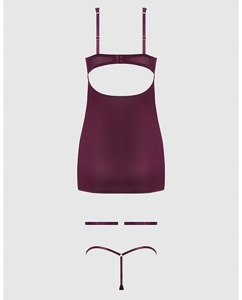 Yasmine Shimmer Mesh O-Ring Thigh Garter Chemise & G-String Set - Burgundy LG by House of Desire