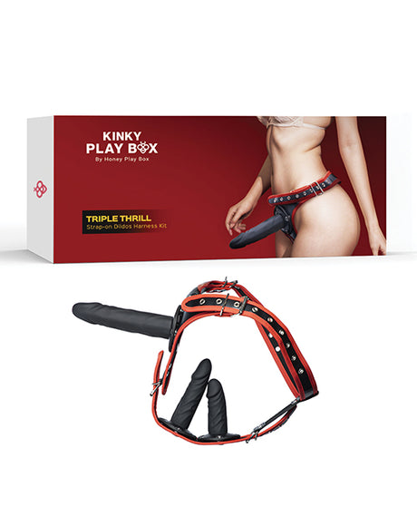 Honey Play Box Triple Thrill Strap-On Harness Kit — Black/Red, 3 Dildos
