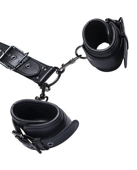 Honey Play Box Locking Harness Collar with Leash and Wrist Cuffs — Black