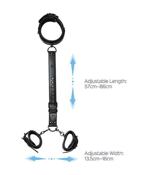 Honey Play Box Locking Harness Collar with Leash and Wrist Cuffs — Black
