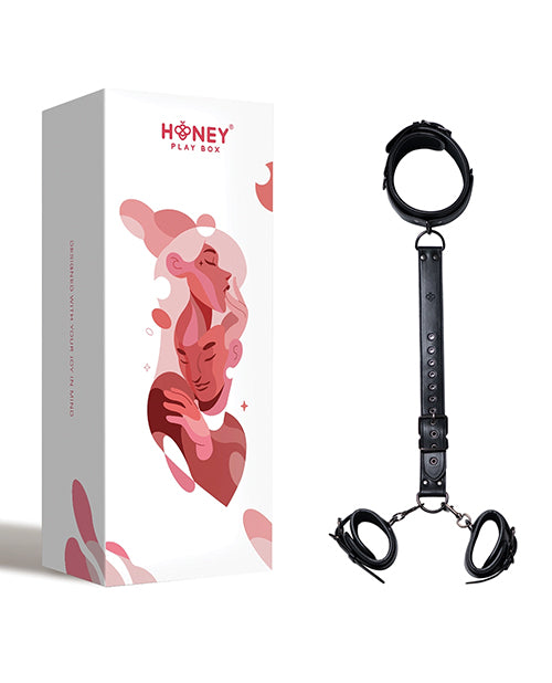 Honey Play Box Locking Harness Collar with Leash and Wrist Cuffs — Black