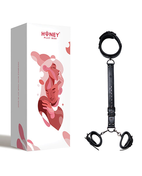Honey Play Box Locking Harness Collar with Leash and Wrist Cuffs — Black