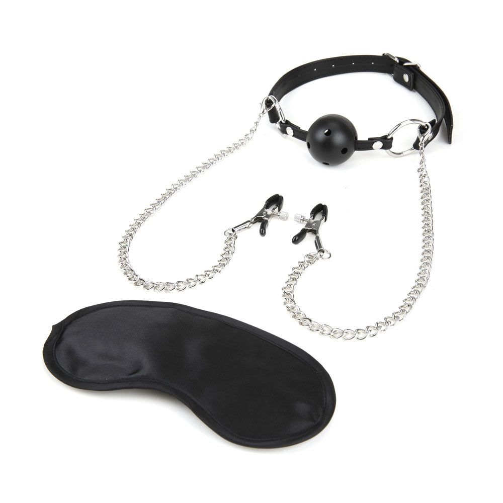 Breathable Ball Gag With Nipple Clamp Chain by Electric Novelties