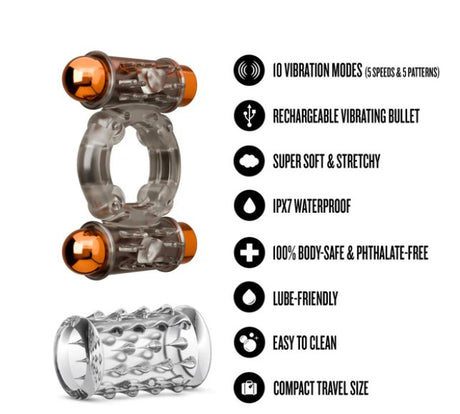 Blush Stay Hard Vibrating Cock Ring Set — Textured Sleeve & Dual Bullets - BL-77509