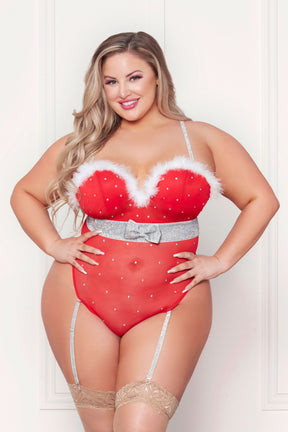 "Rhinestone Studded Mesh Teddy With Marabou Trim - 1x/2x - Red STM-11470XR1X2"