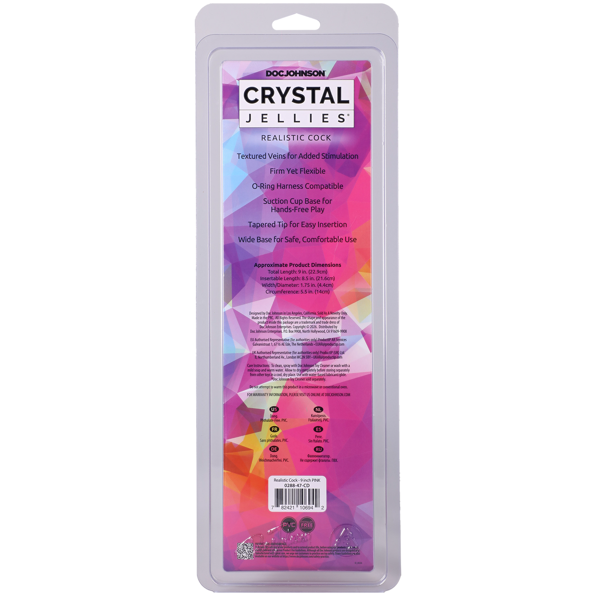 Doc Johnson Crystal Jellies Realistic Dildo — 9 in, Pink - DJ0288-47-CD