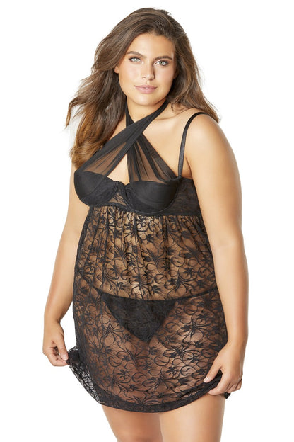 Lace Empire Babydoll With Functional Tie Shelf Cups G-String - Black - 3x/4x by Oh Lá Lá Chéri
