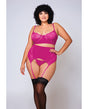 Soft Lace Bra, High Waist Satin & Mesh Garterbelt & G-String Fuchsia 1X by iCollection Lingerie