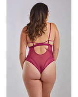 iCollection Quinn Cross-Dyed Galloon Lace & Mesh Teddy — Wine, 3X