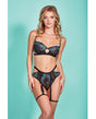 Emmalyn Mesh & Galloon Lace Underwire Bra & High Waist Garter Panty Black/Blue MD by Glitter