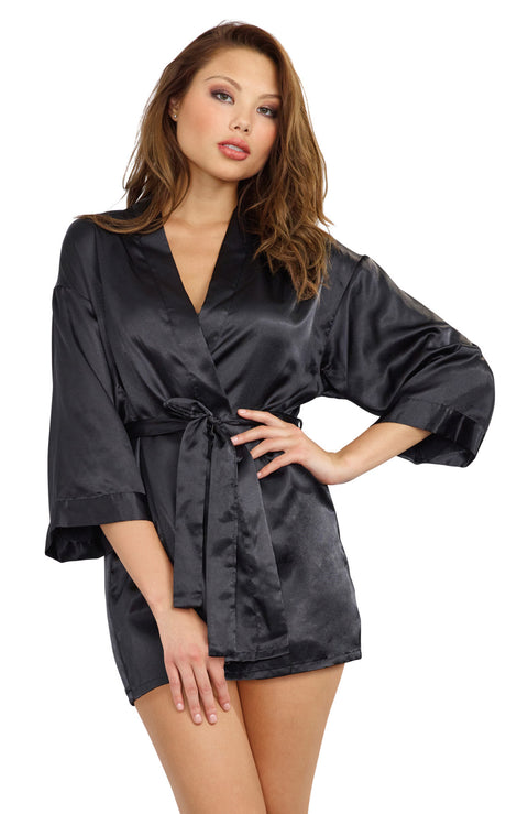 Dreamgirl Short Kimono Robe & Chemise Set, Small - Black - DG-3717BLKS