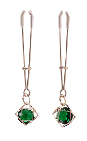 Sportsheets Indica Crystal Nipple Clips — Green, Adjustable Tension - SS10218