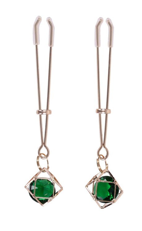 Sportsheets Indica Crystal Nipple Clips — Green, Adjustable Tension - SS10218