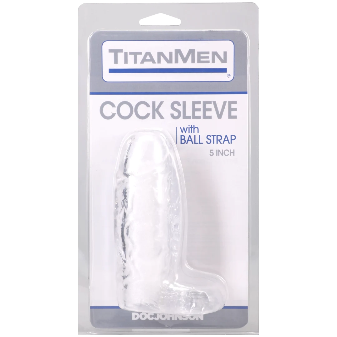 Doc Johnson Titanmen Cock Sleeve with Ball Strap — 5.25 in Clear - DJ3400-26-CD