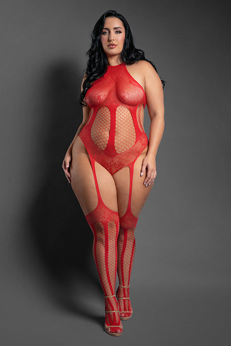 Fantasy Lingerie Stripped Down Halter Teddy Bodystocking — Queen Red - FL-SF1011-QS-B