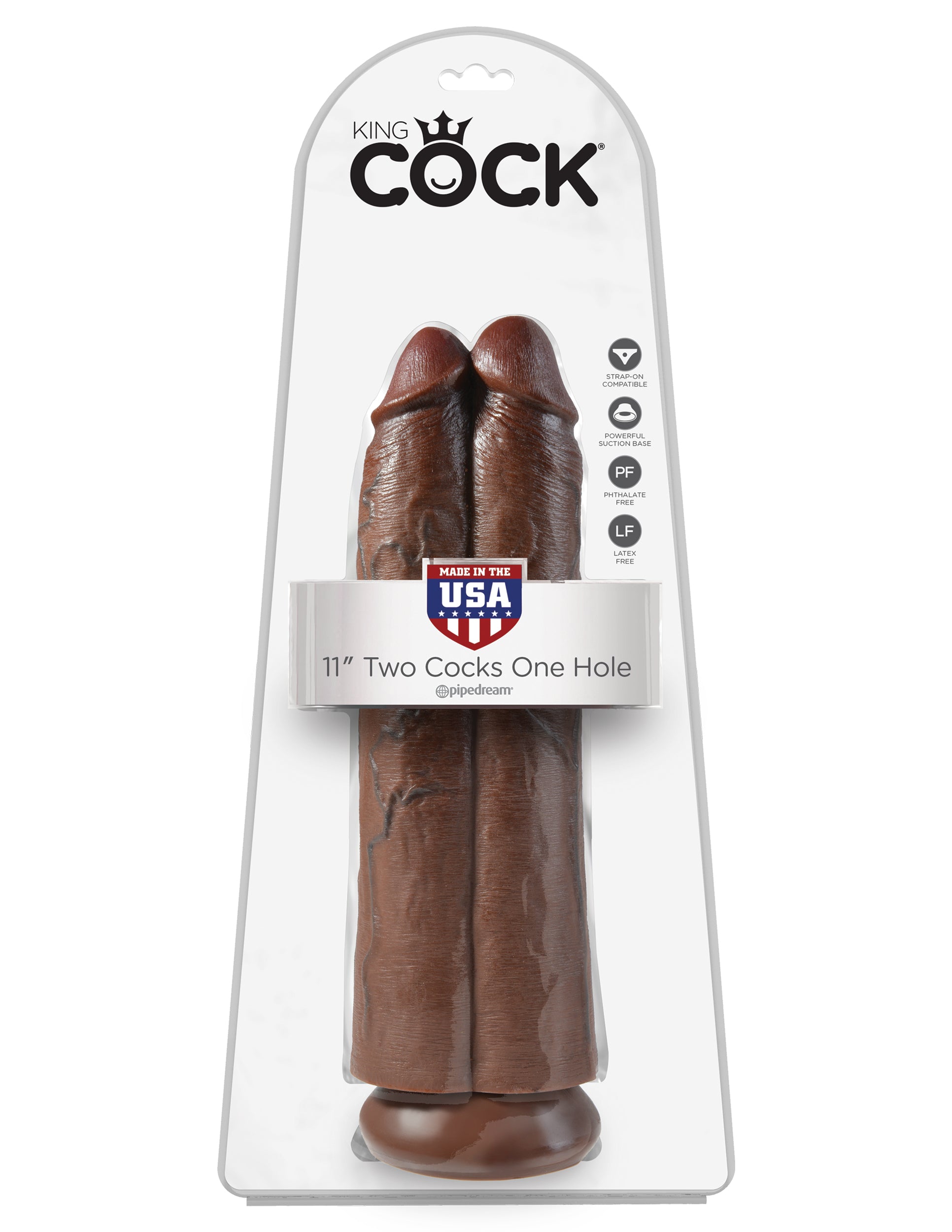 King Cock 11" Two Cocks One Hole - Brown by Pipedream