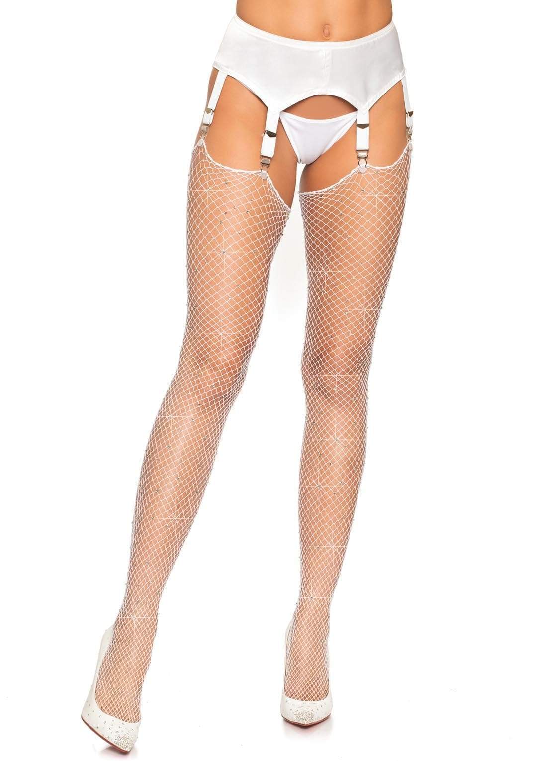 Rhinestone Fishnet Stockings - One Size - White by Leg Avenue