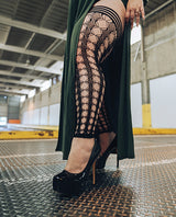 Kixies Jo Circle Fishnet Footless Thigh Highs — Black, Size D