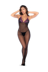 Mapale Fishnet Lace Bodystocking — One Size, Black/Purple - GE-1122BPOS