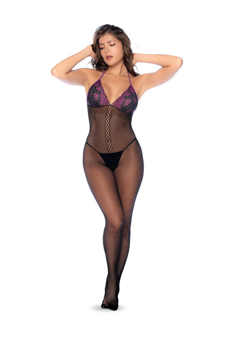 Mapale Fishnet Lace Bodystocking — One Size, Black/Purple - GE-1122BPOS