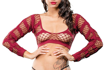 Horizontal Stripes Mesh Crotchless Leggings - One Size- Burgandy