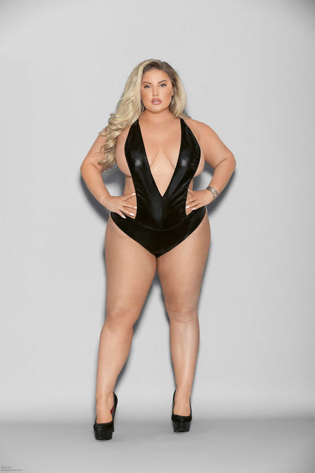 Escante Liquid Look Chain-Back Open Crotch Teddy — Queen Size, Black - ES-2123XBLKQ