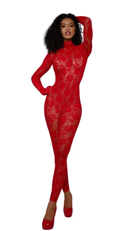 Dreamgirl Gloved Bodystocking — One Size, Red (90% Nylon/10% Spandex) - DG-0516RDOS