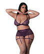 Leather & Lace Stretch Mesh and Lace Bralette w/Garter & Thong 3 pc Set - Plum 2X by Exposed