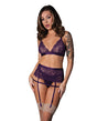 Leather & Lace Stretch Mesh and Lace Bralette w/Garter & Thong 3 pc Set - Plum L/XL by Exposed