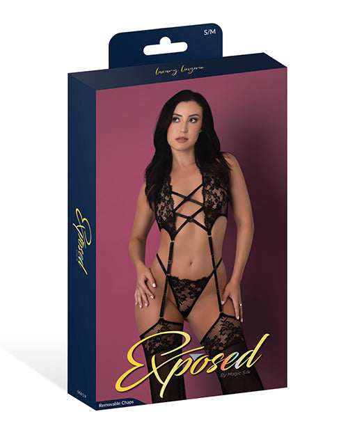 Black Cherry Plunge Top w/Removable Chaps & Cheeky Panty Set - Black S/M by Exposed