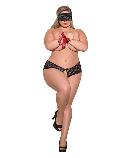Love & Bondage Split Back Lace Booty Short, Blindfold & Wrist Ties Black QN by Exposed