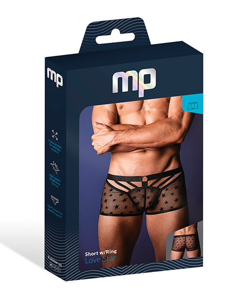 Male Power Love Star Mini Short Trunks with Front Ring — Black, Large