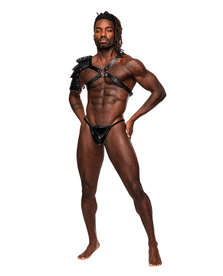 Male Power Aquarius PU Leather Chest Harness w/ Half Sleeve — Black, One Size
