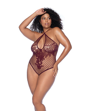 Floral Convertible Top Fishnet Bodysuit - Burgundy QN by Mapale