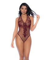Floral Convertible Top Fishnet Bodysuit - Burgundy O/S by Mapale
