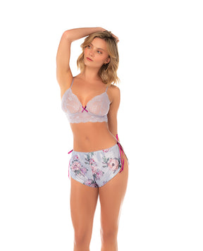 Lace Bralette w/Satin Floral Shorts - Silver Bloom S/M by Mapale