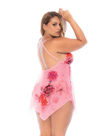 Floral Printed Mesh Babydoll w/Convertible Straps & G-String 2 pc Set - Pink 3X/4X by Mapale
