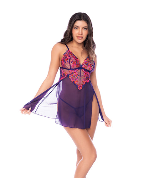 Mapale Floral Embroidered Mesh Babydoll & Thong - Orchid S/M