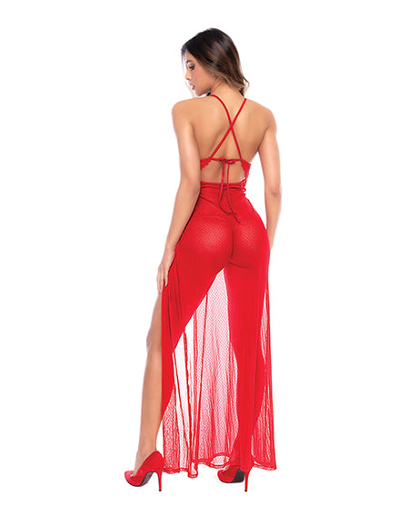 Mapale Dotted Lace & Mesh Maxi Dress with Thong — Red L/XL