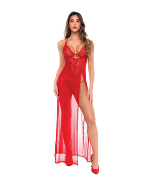 Dotted Lace & Mesh Maxi Dress w/High Side Slit & Thong - Red S/M by Mapale