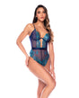 Risk the Feeling Sheer Lace & Mesh Bodysuit w/Back Tie Detail & Snap Crotch - Midnight Blue S/M by Mapale