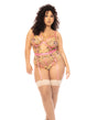 Floral Embroidered Teddy w/Underwire Cup & Garters Pink 3X/4X by Mapale