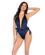 Floral Mesh Halter Neck Teddy Body Suit w/Snap Crotch Closure - Black/Blue S/M by Mapale