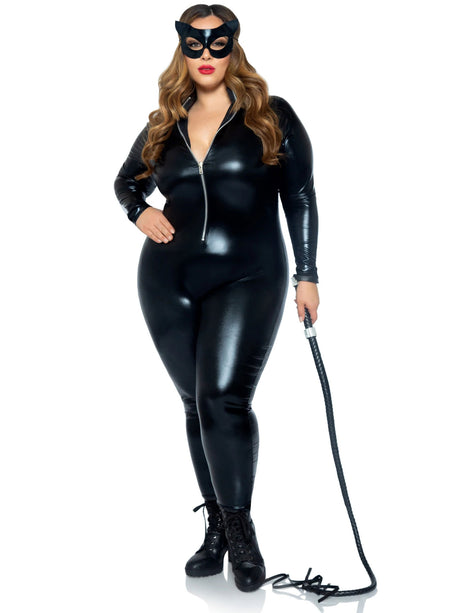 Leg Avenue Lame Zipper-Front Catsuit — 3X/4X, Black - LA-85047XBL3X4