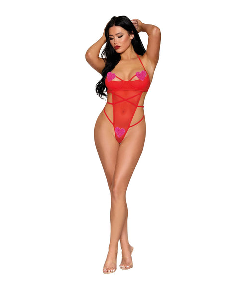 Dreamgirl Red Teddy with Pink Hearts — One Size - DG-13527PNSTAOS