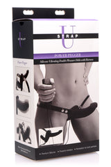 XR Brands Power Pegger Double Vibrating Silicone Dildo with Harness — Black - SU-AF475-BLACK